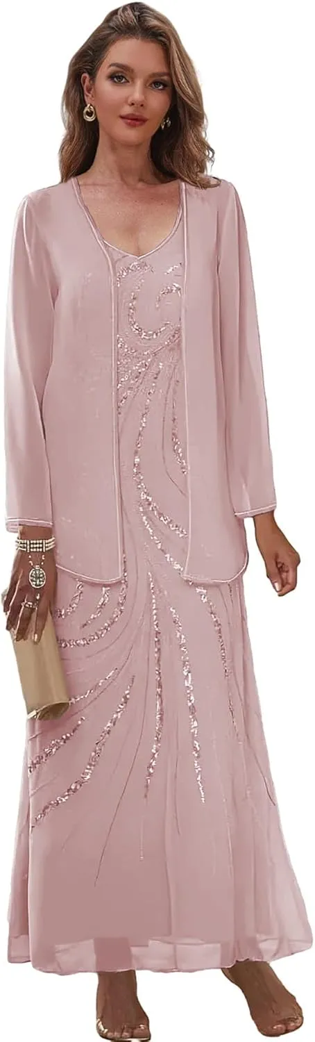 Chiffon Sequin Mother of The Bride Dresses for Wedding 2 Pieces Long Formal Evening Dress with Jacket