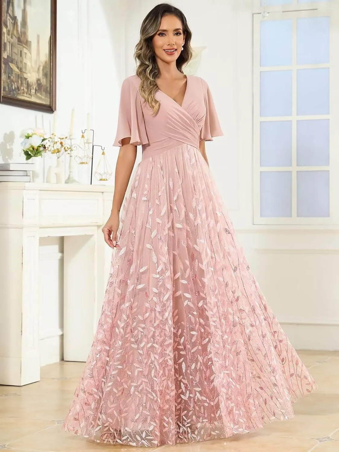 Chiffon Sequin Mother of The Bride Dresses for Women Long A Line Tulle Sparkly Formal Evening Gown with Sleeves