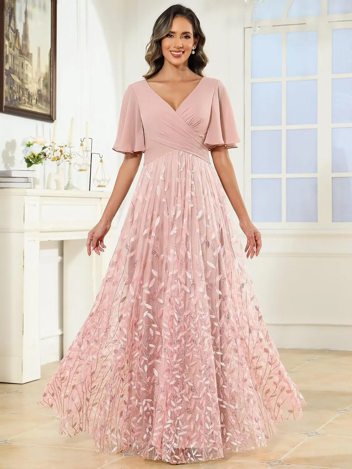 Chiffon Sequin Mother of The Bride Dresses for Women Long A Line Tulle Sparkly Formal Evening Gown with Sleeves