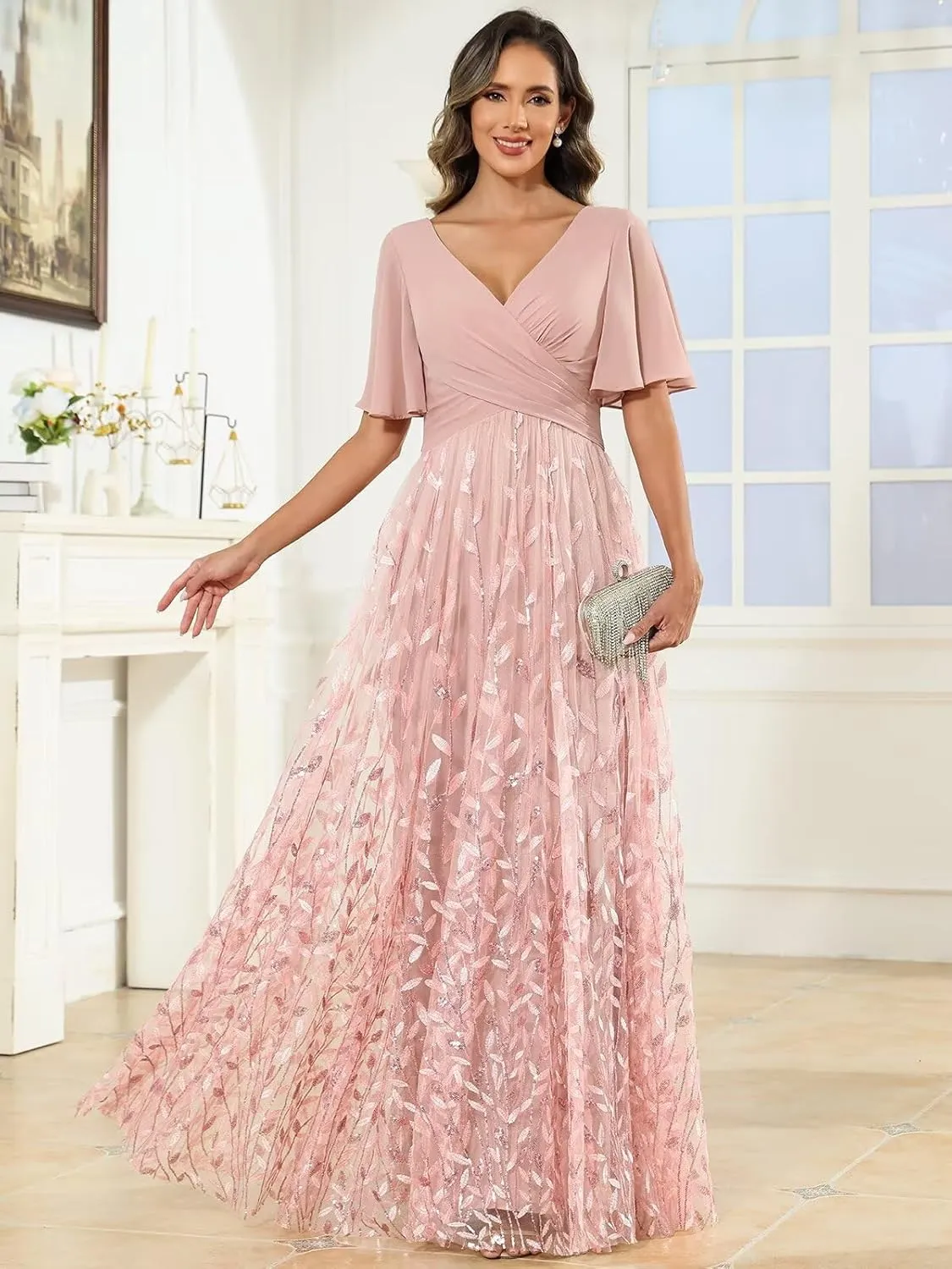 Chiffon Sequin Mother of The Bride Dresses for Women Long A Line Tulle Sparkly Formal Evening Gown with Sleeves