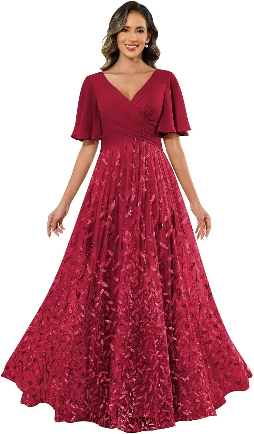 Chiffon Sequin Mother of The Bride Dresses for Women Long A Line Tulle Sparkly Formal Evening Gown with Sleeves