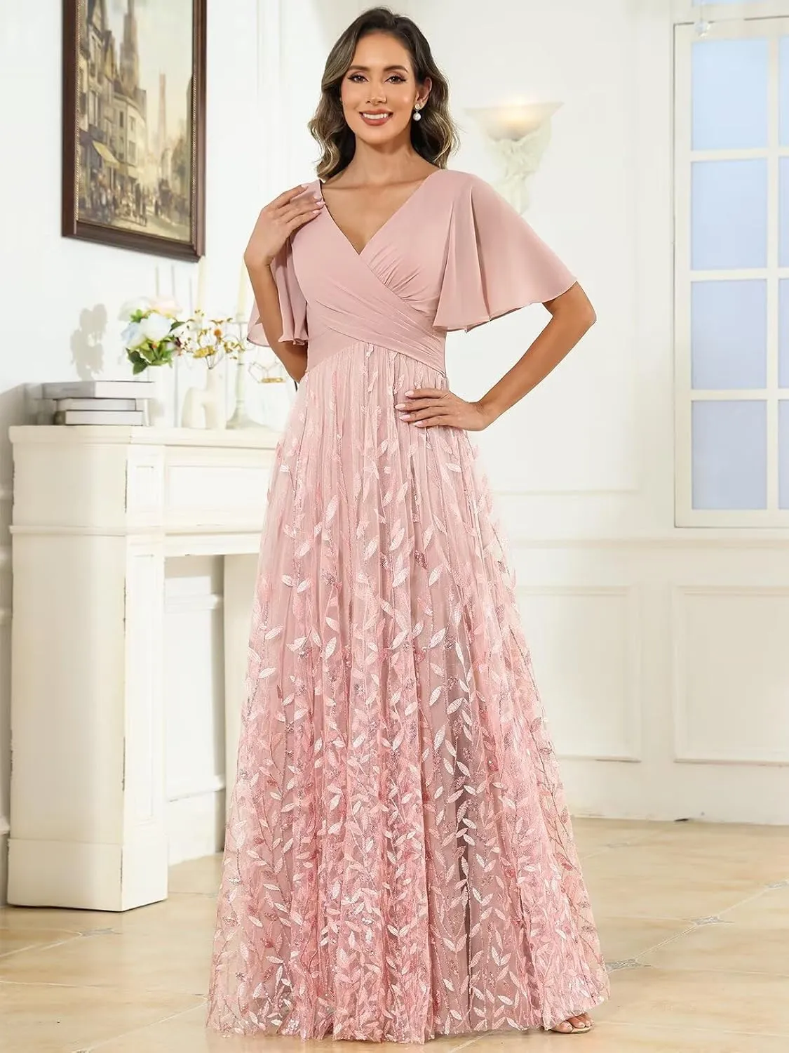 Chiffon Sequin Mother of The Bride Dresses for Women Long A Line Tulle Sparkly Formal Evening Gown with Sleeves