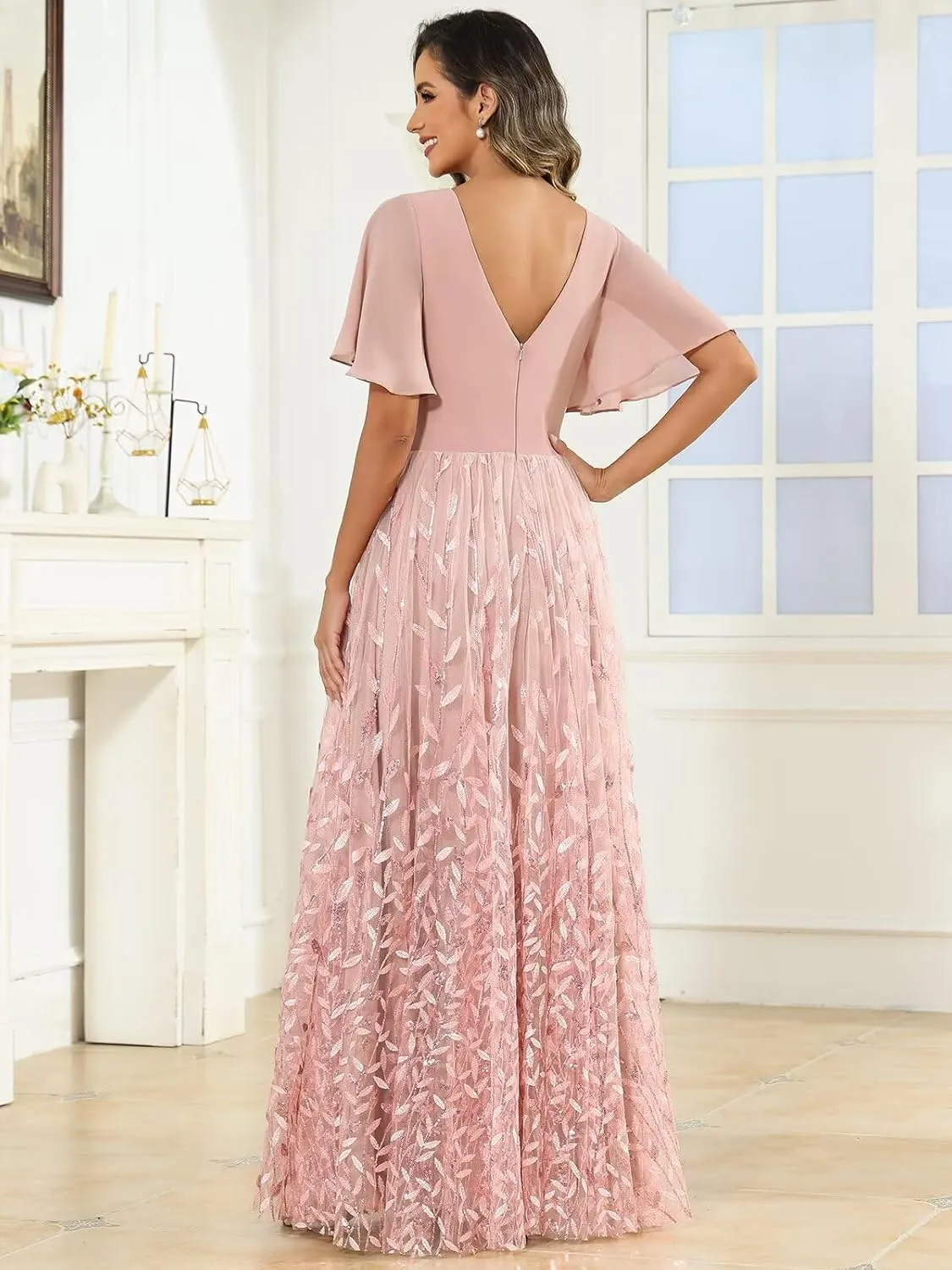 Chiffon Sequin Mother of The Bride Dresses for Women Long A Line Tulle Sparkly Formal Evening Gown with Sleeves