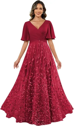 Chiffon Sequin Mother of The Bride Dresses for Women Long A Line Tulle Sparkly Formal Evening Gown with Sleeves