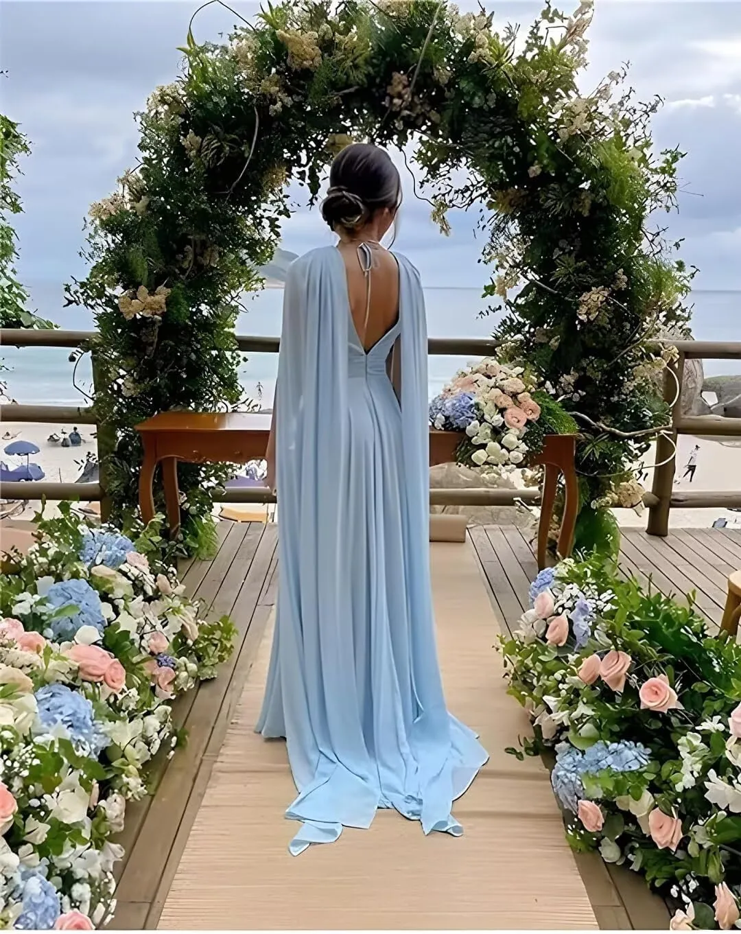 Chiffon V Neck Bridesmaid Dress for Wedding Long Cape Sleeve Formal Evening Dress A Line ZD202