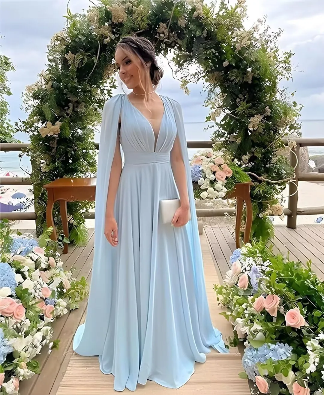 Chiffon V Neck Bridesmaid Dress for Wedding Long Cape Sleeve Formal Evening Dress A Line ZD202