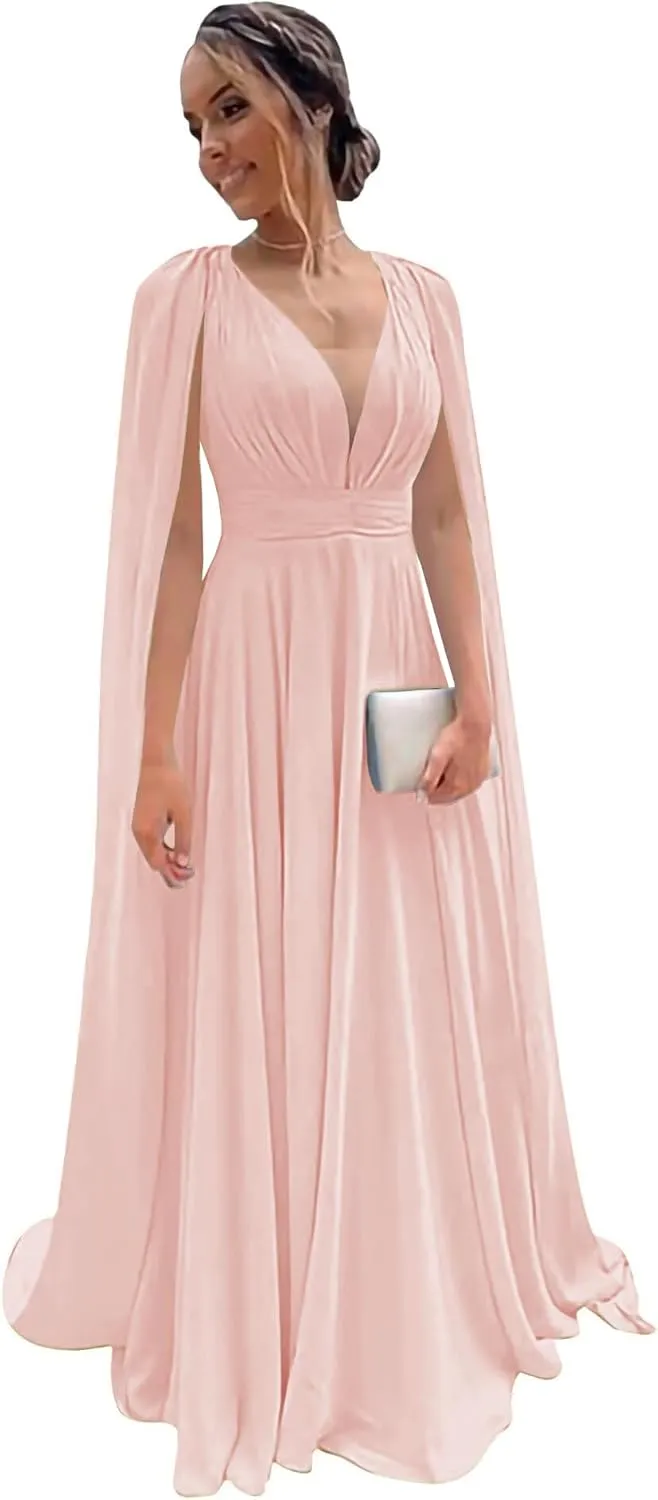 Chiffon V Neck Bridesmaid Dress for Wedding Long Cape Sleeve Formal Evening Dress A Line ZD202