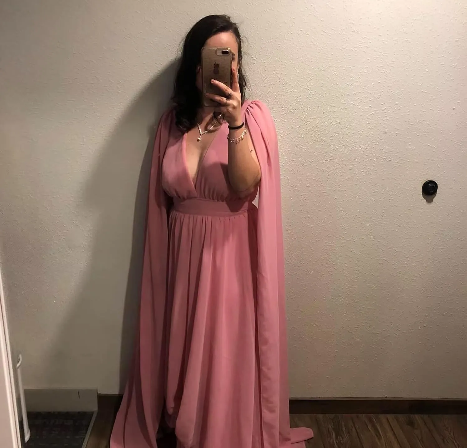 Chiffon V Neck Bridesmaid Dress for Wedding Long Cape Sleeve Formal Evening Dress A Line ZD202