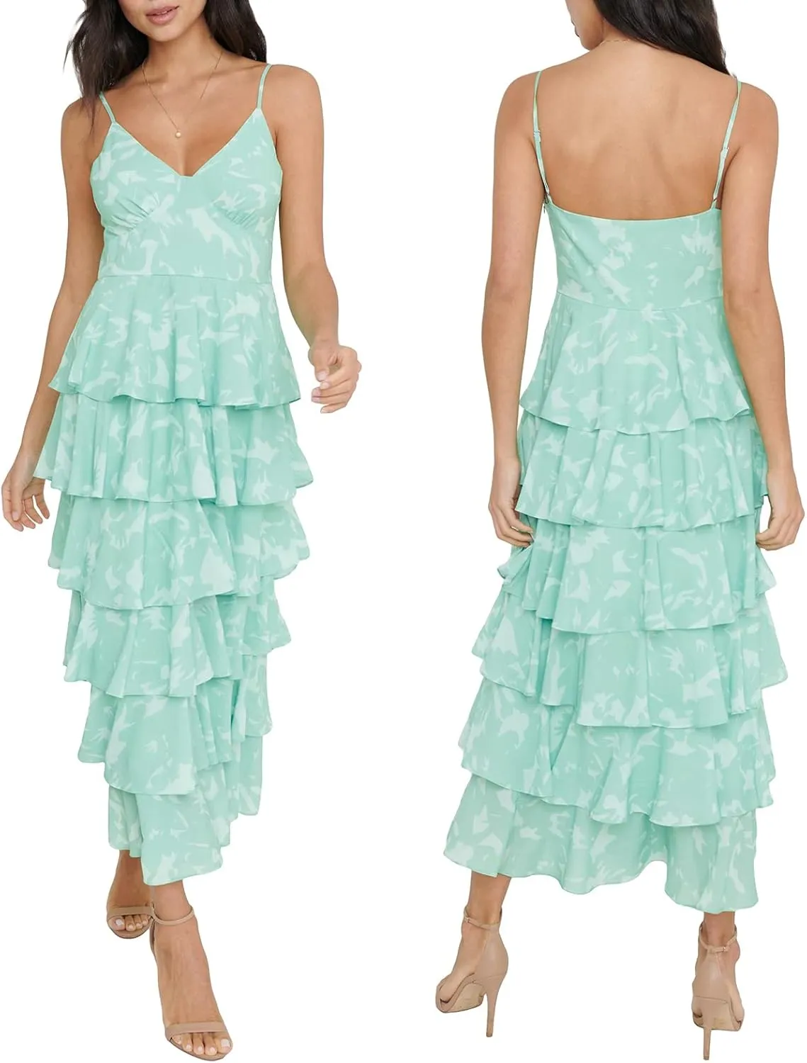 Chloefairy Sexy Women's Floral Cake Dress Sleeveless Ruffle Tiered V-Neck Summer Cami Maxi Dress Beach Party Clubwear
