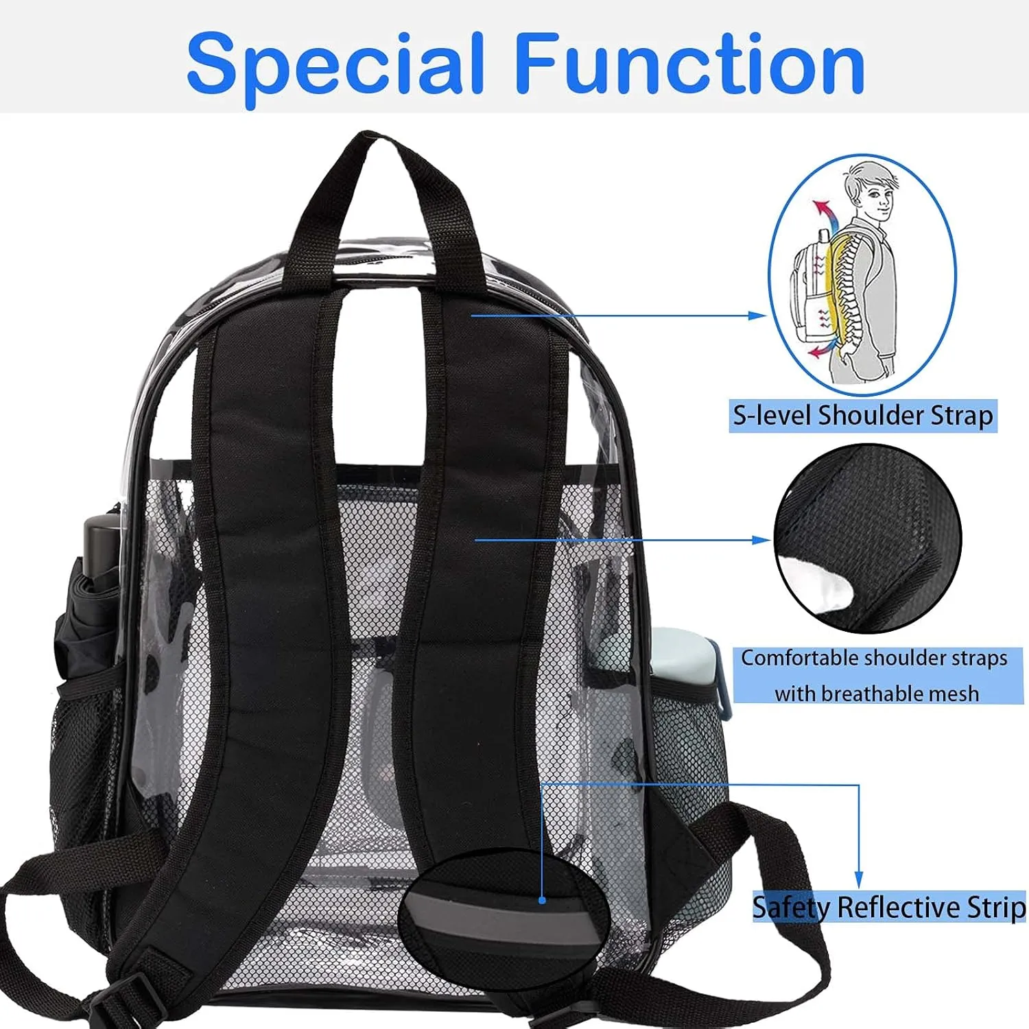 Clear Backpack Heavy Duty Pvc Bookbag for School - See Through Transparent Stadium Approved Backpacks for Women Concert Sport Venues Work Travel,Black