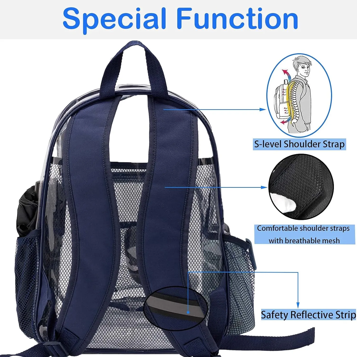 Clear Backpack Heavy Duty Pvc Bookbag for School - See Through Transparent Stadium Approved Backpacks for Women Concert Sport Venues Work Travel,Blue