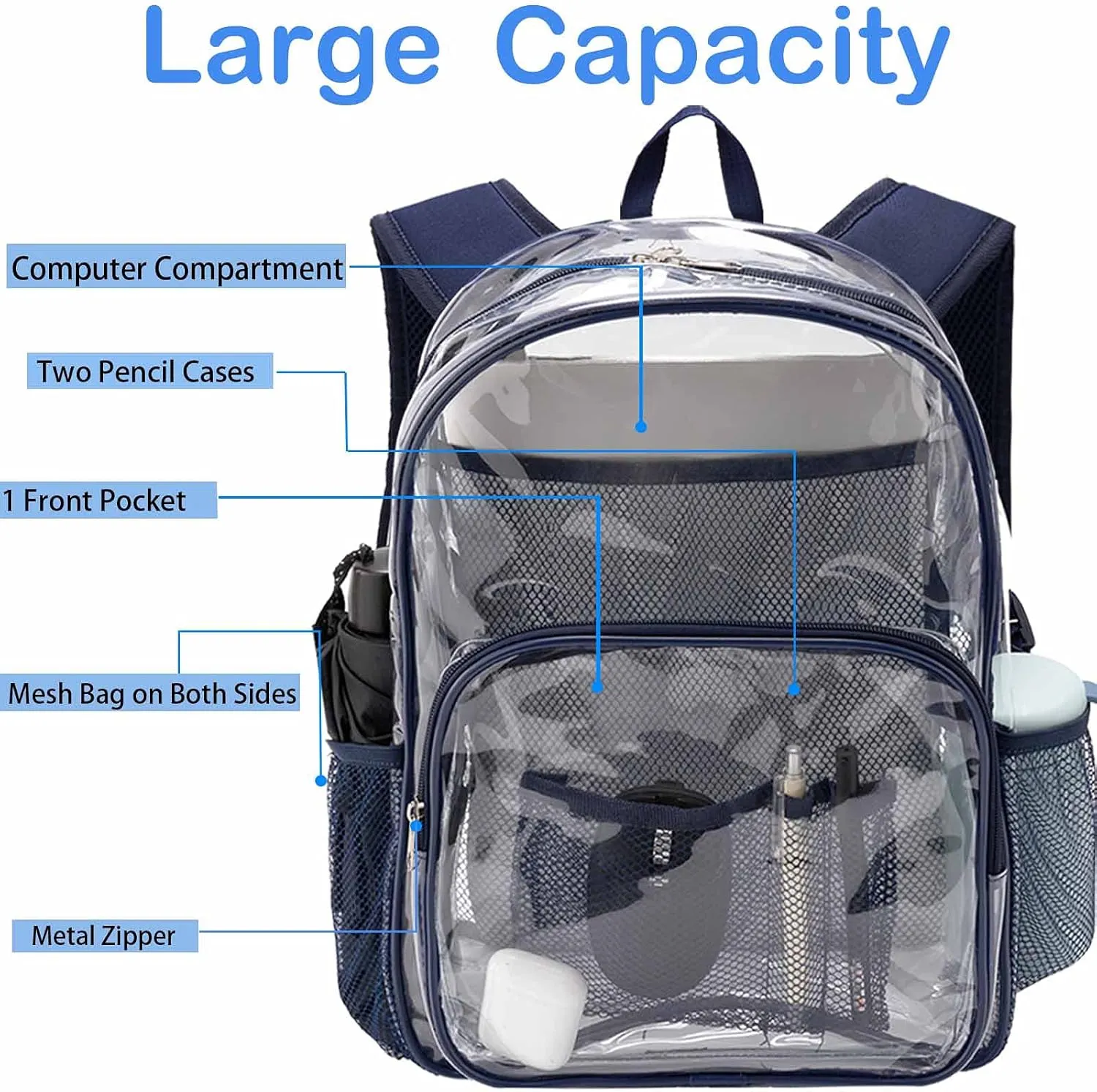 Clear Backpack Heavy Duty Pvc Bookbag for School - See Through Transparent Stadium Approved Backpacks for Women Concert Sport Venues Work Travel,Blue