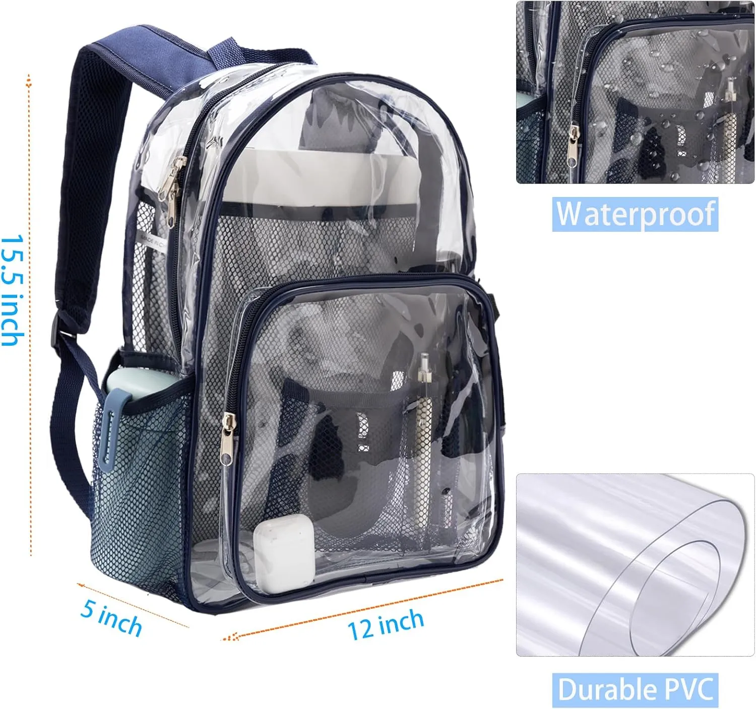 Clear Backpack Heavy Duty Pvc Bookbag for School - See Through Transparent Stadium Approved Backpacks for Women Concert Sport Venues Work Travel,Blue