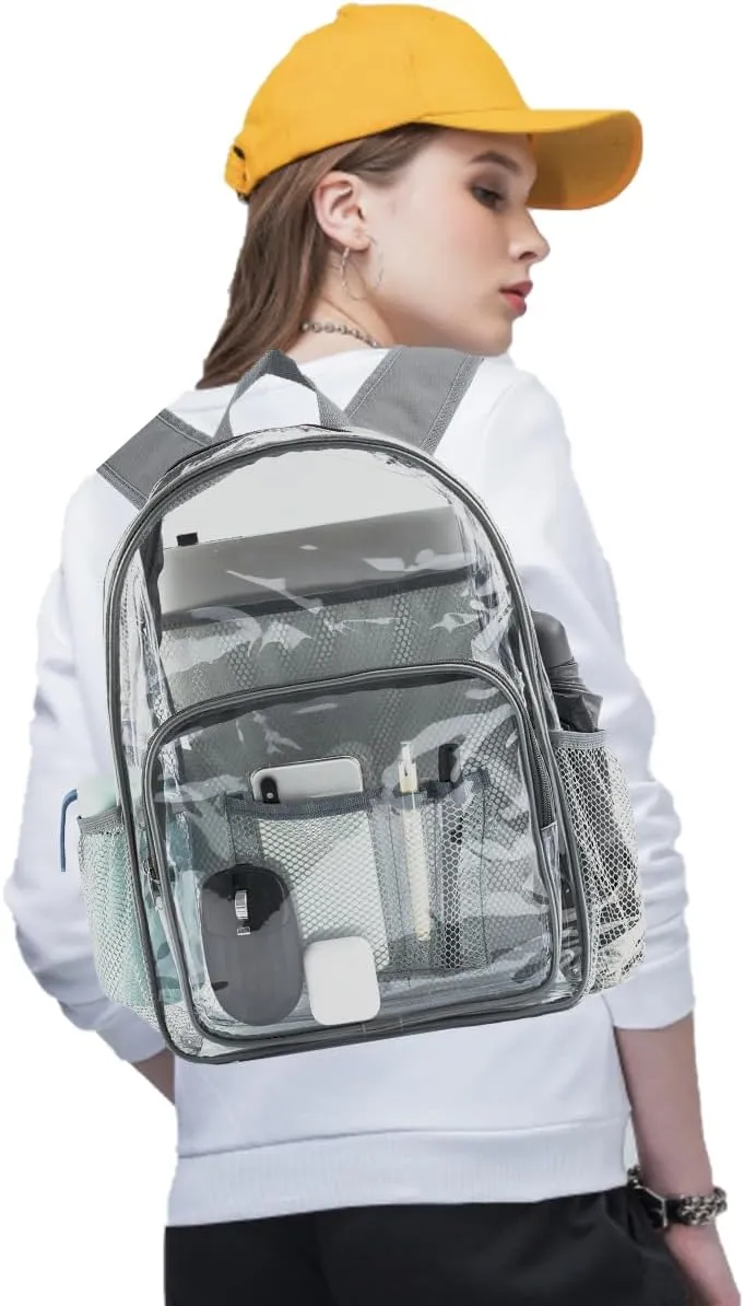 Clear Backpack Heavy Duty Pvc Bookbag for School - See Through Transparent Stadium Approved Backpacks for Women Concert Sport Venues Work Travel,Grey