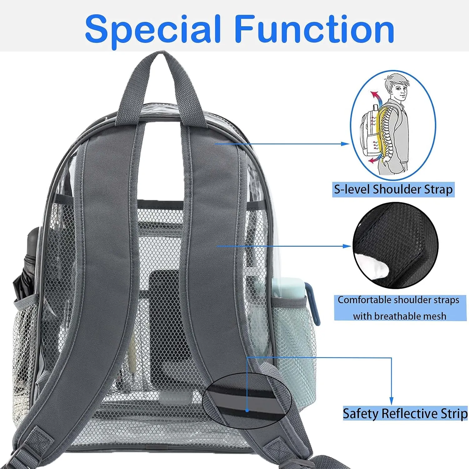 Clear Backpack Heavy Duty Pvc Bookbag for School - See Through Transparent Stadium Approved Backpacks for Women Concert Sport Venues Work Travel,Grey