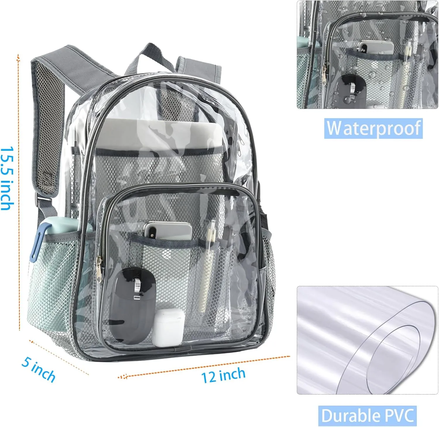 Clear Backpack Heavy Duty Pvc Bookbag for School - See Through Transparent Stadium Approved Backpacks for Women Concert Sport Venues Work Travel,Grey