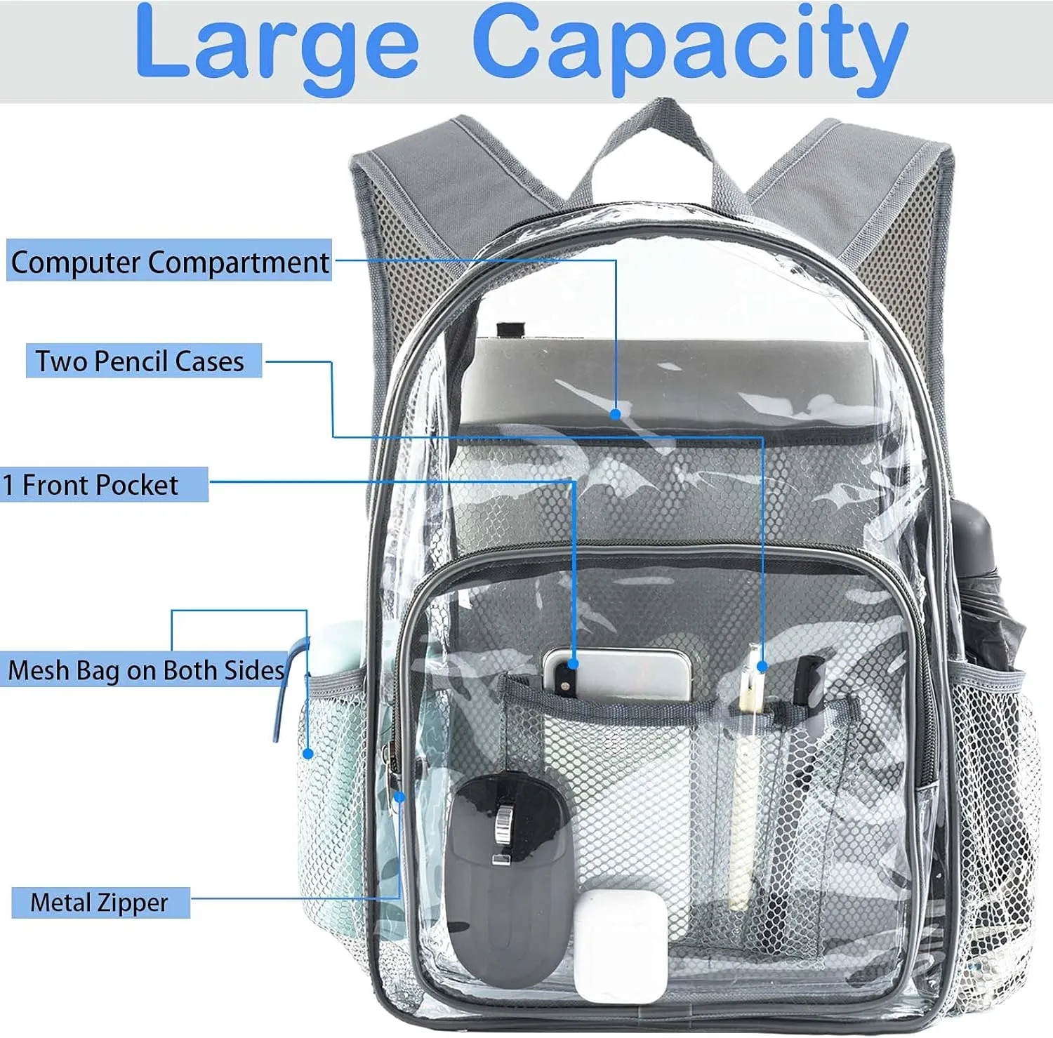 Clear Backpack Heavy Duty Pvc Bookbag for School - See Through Transparent Stadium Approved Backpacks for Women Concert Sport Venues Work Travel,Grey