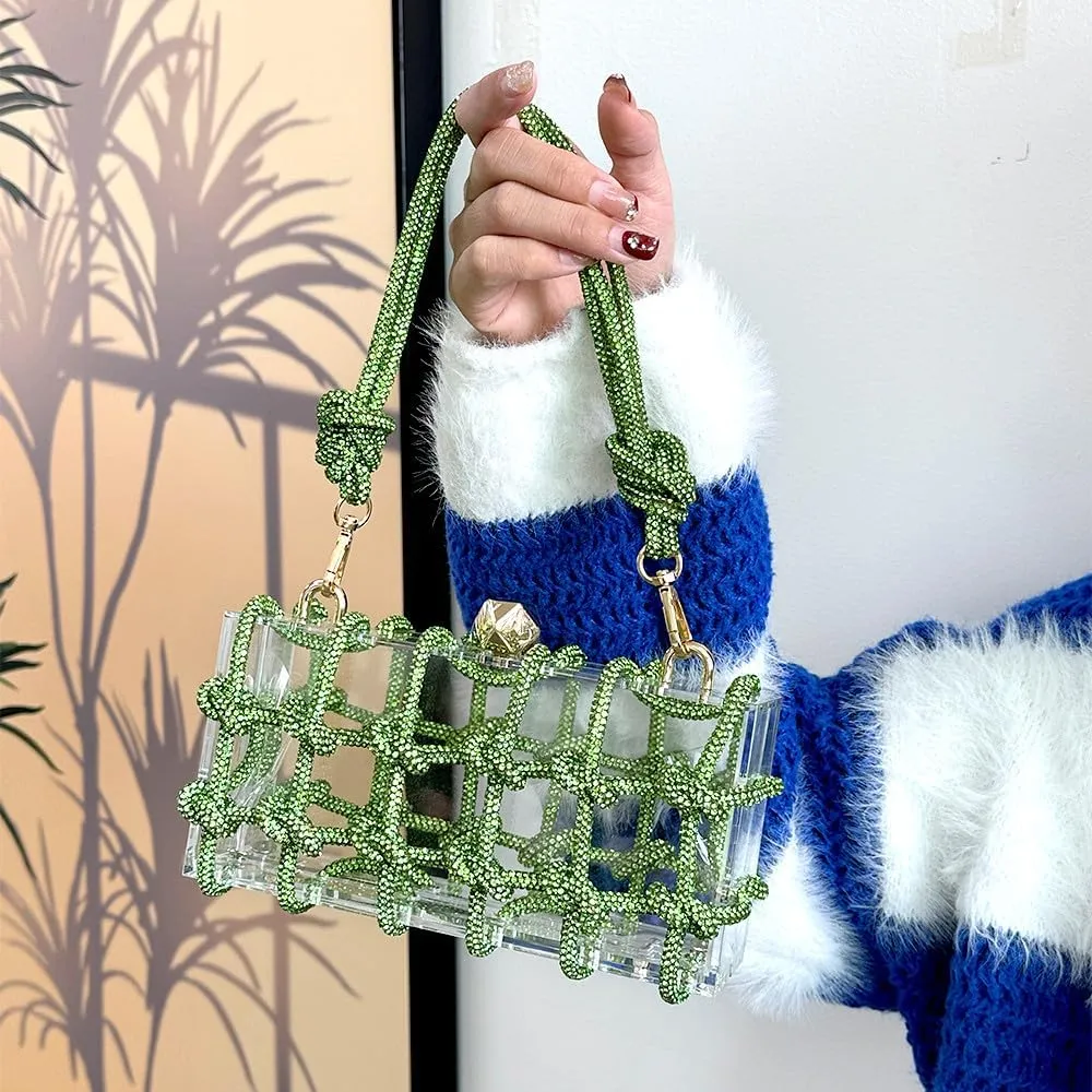 Clear Clutch Acrylic Green Purses for Women, Rhinestones Handbags with Glitter Rope, Club Party Banquet