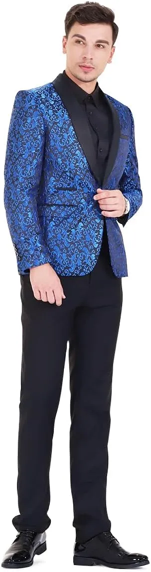 Cloudstyle Mens Floral Jacquard Dress Suit Jacket 1 Button Print Tux Blazer Sport Coat