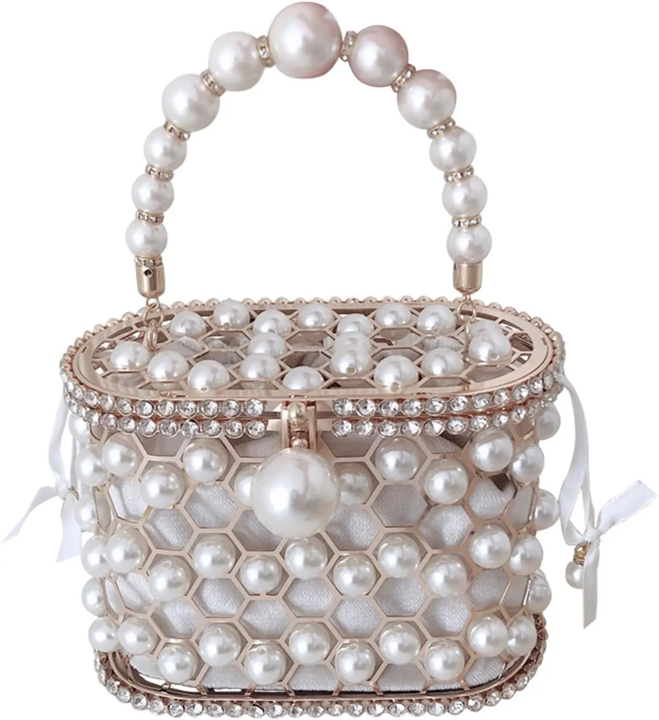 Clutch Purses for Women Designer Pearl Handbag for Women Hollow Out Wedding Clutch with Rhinestones Elegant Evening Purse