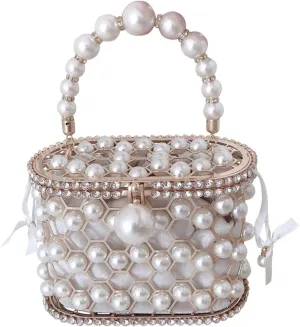 Clutch Purses for Women Designer Pearl Handbag for Women Hollow Out Wedding Clutch with Rhinestones Elegant Evening Purse