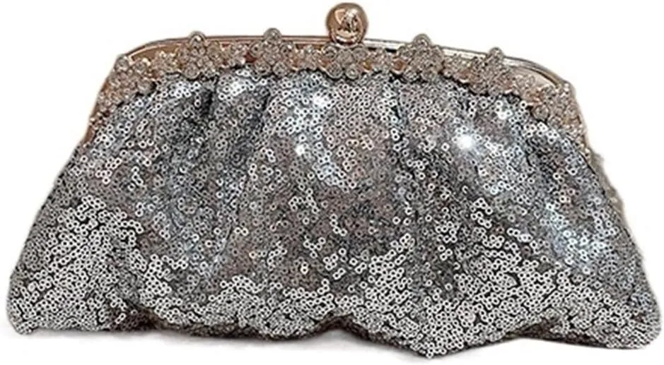 Clutch Purses for Women Glittering Sequins Ruched Evening Bag with Rhinestone Decor Women's Chain Clutch Purse for Wedding, Banquet, and Party
