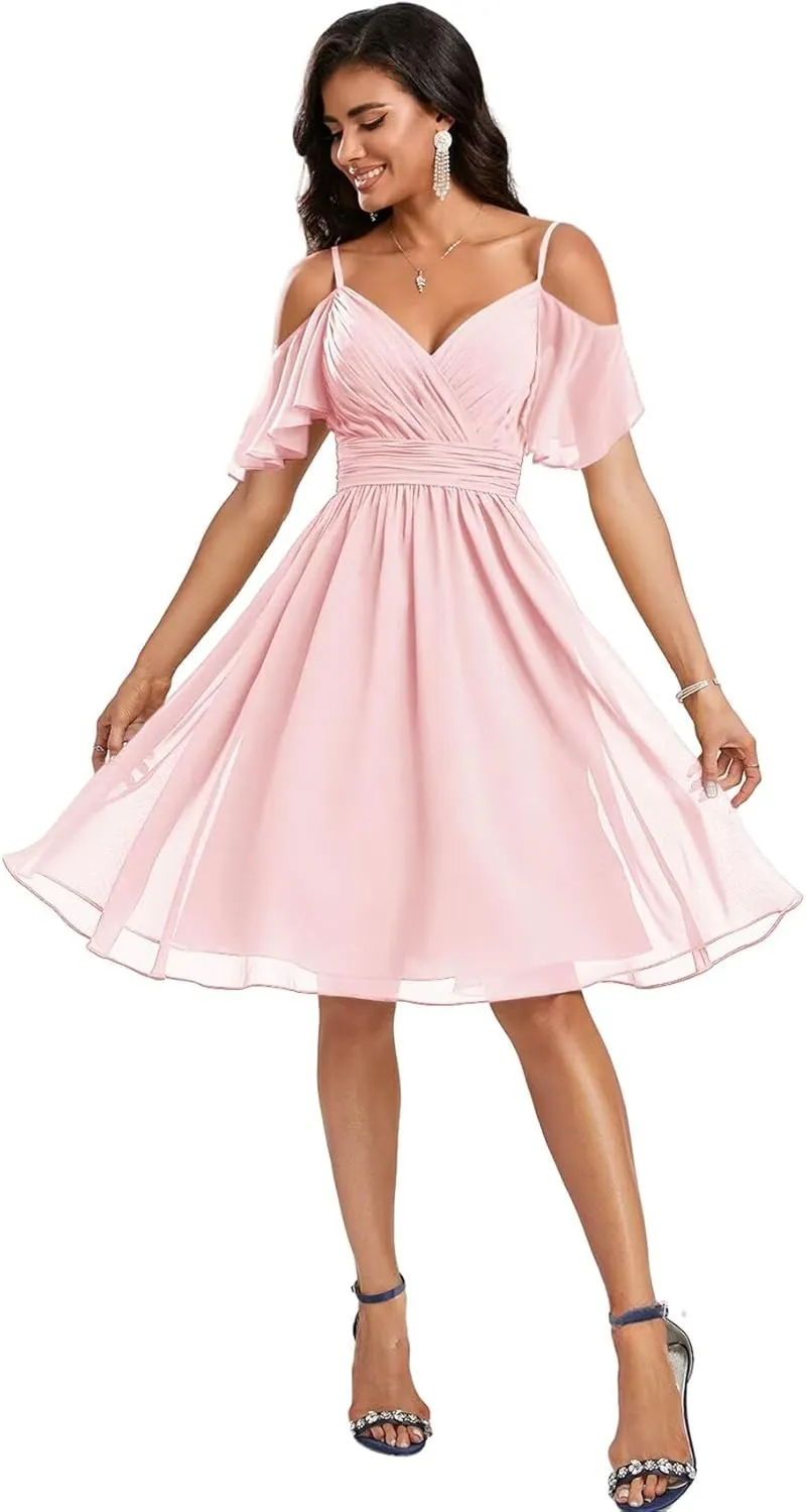 Cold Shoulder Bridesmaid Dresses with Sleeves Short Formal Dress for Women V Neck Evening Gown