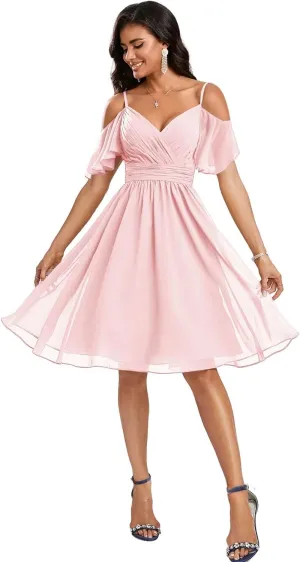 Cold Shoulder Bridesmaid Dresses with Sleeves Short Formal Dress for Women V Neck Evening Gown