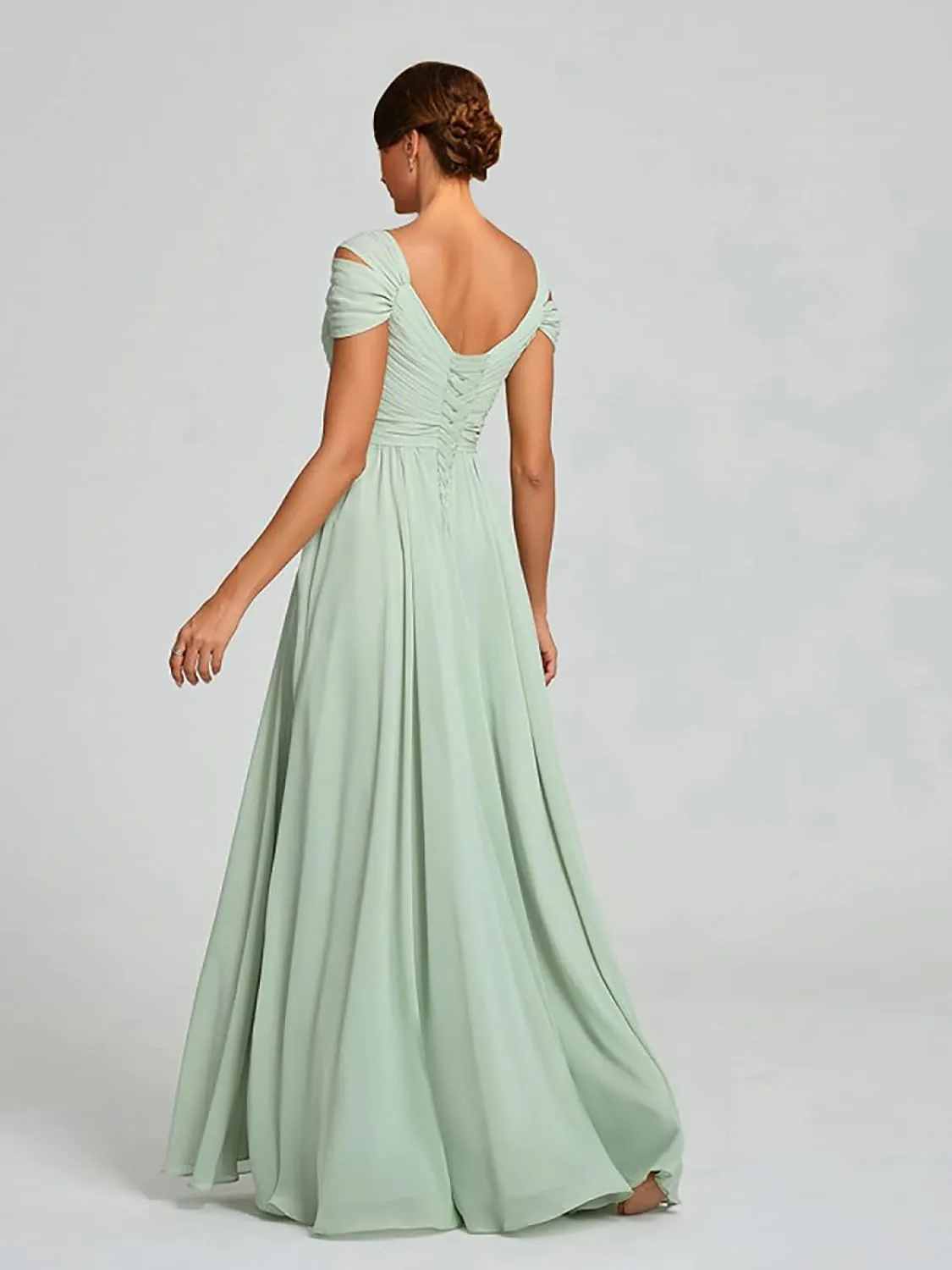 Cold Shoulder Chiffon Bridesmaid Dresses for Women Long Evening Dress Ruched Formal Gown with Slit WN004