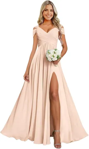 Cold Shoulder Chiffon Bridesmaid Dresses for Women Long Evening Dress Ruched Formal Gown with Slit WN004