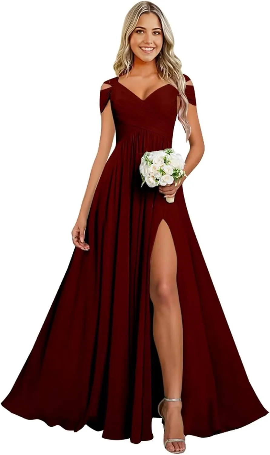 Cold Shoulder Chiffon Bridesmaid Dresses for Women Long Evening Dress Ruched Formal Gown with Slit WN004