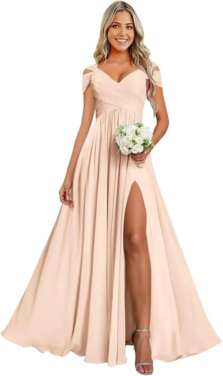 Cold Shoulder Chiffon Bridesmaid Dresses for Women Long Evening Dress Ruched Formal Gown with Slit WN004