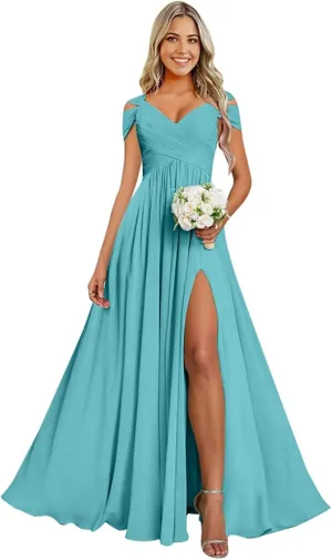 Cold Shoulder Chiffon Bridesmaid Dresses for Women Long Evening Dress Ruched Formal Gown with Slit WN004
