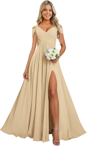 Cold Shoulder Chiffon Bridesmaid Dresses for Women Long Evening Dress Ruched Formal Gown with Slit WN004