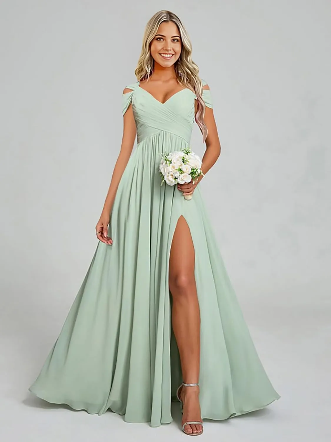 Cold Shoulder Chiffon Bridesmaid Dresses for Women Long Evening Dress Ruched Formal Gown with Slit WN004