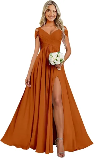 Cold Shoulder Chiffon Bridesmaid Dresses for Women Long Evening Dress Ruched Formal Gown with Slit WN004