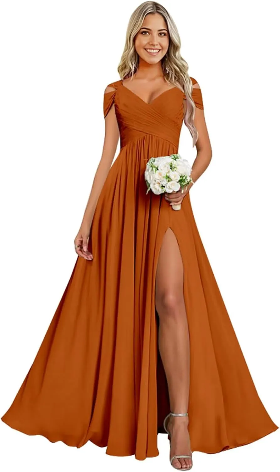 Cold Shoulder Chiffon Bridesmaid Dresses for Women Long Evening Dress Ruched Formal Gown with Slit WN004
