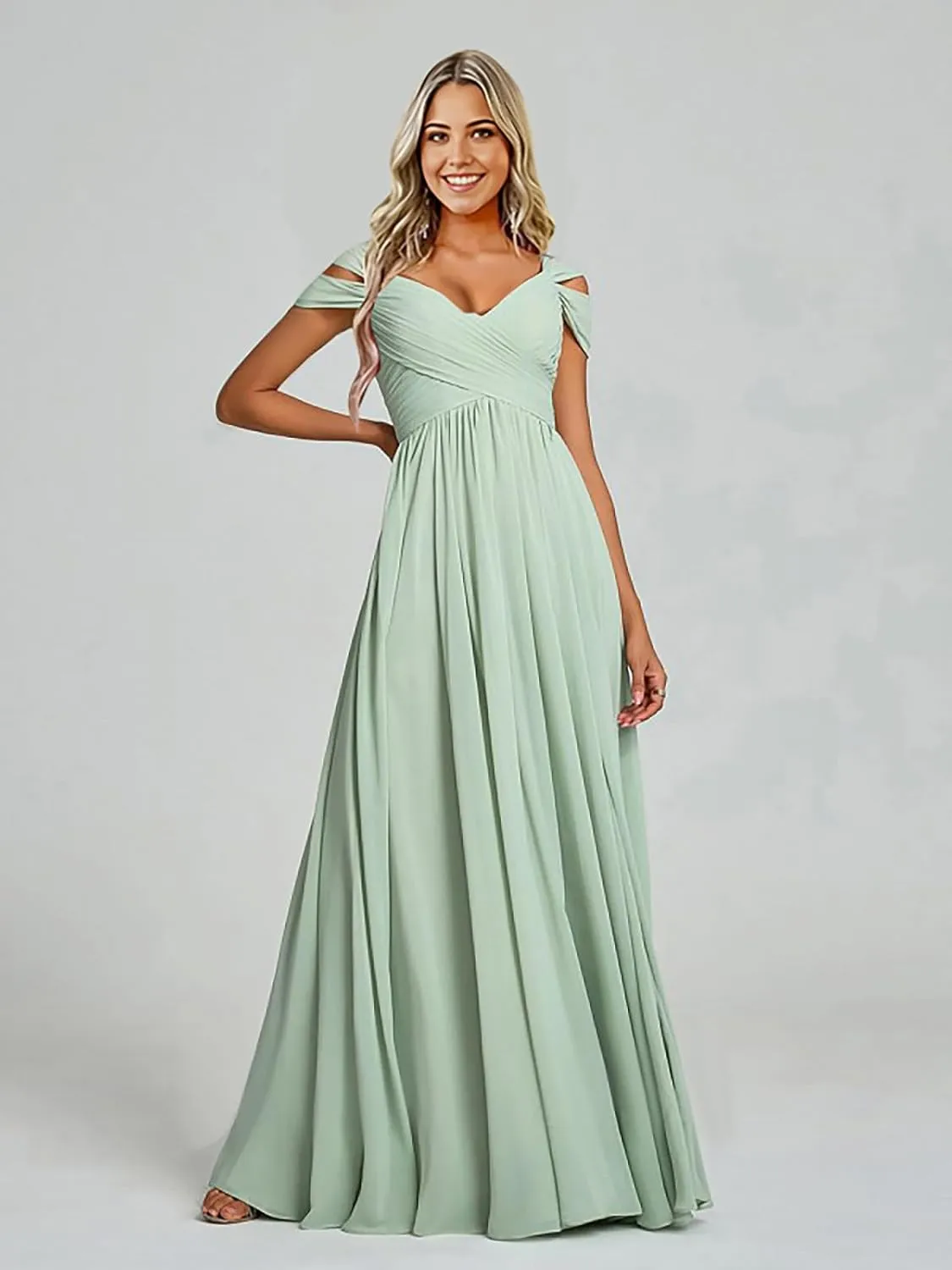 Cold Shoulder Chiffon Bridesmaid Dresses for Women Long Evening Dress Ruched Formal Gown with Slit WN004