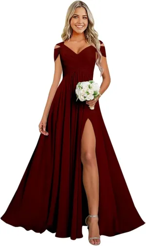Cold Shoulder Chiffon Bridesmaid Dresses for Women Long Evening Dress Ruched Formal Gown with Slit WN004