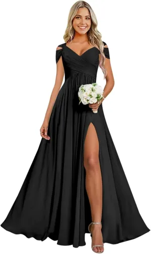 Cold Shoulder Chiffon Bridesmaid Dresses for Women Long Evening Dress Ruched Formal Gown with Slit WN004