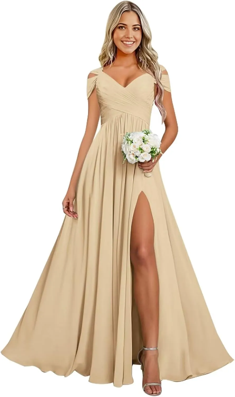 Cold Shoulder Chiffon Bridesmaid Dresses for Women Long Evening Dress Ruched Formal Gown with Slit WN004