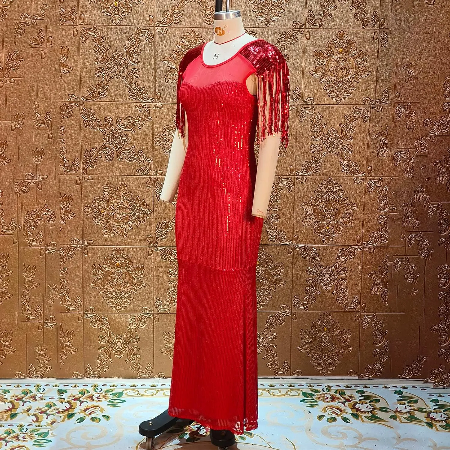 Cololura Sexy Sequin Tassel Mesh Perspective Party Cocktail Bodycon Evening Club Maxi Dress