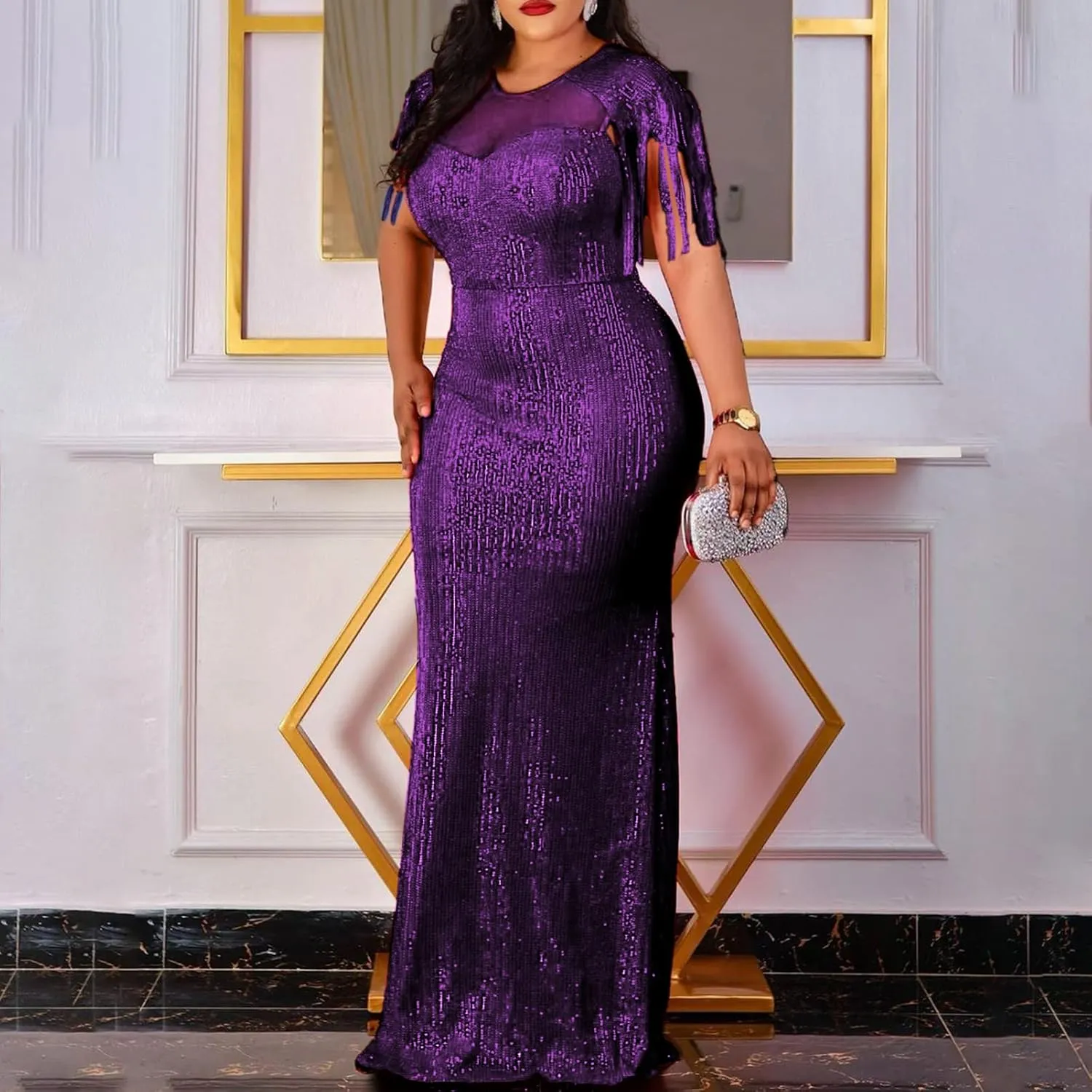 Cololura Sexy Sequin Tassel Mesh Perspective Party Cocktail Bodycon Evening Club Maxi Dress