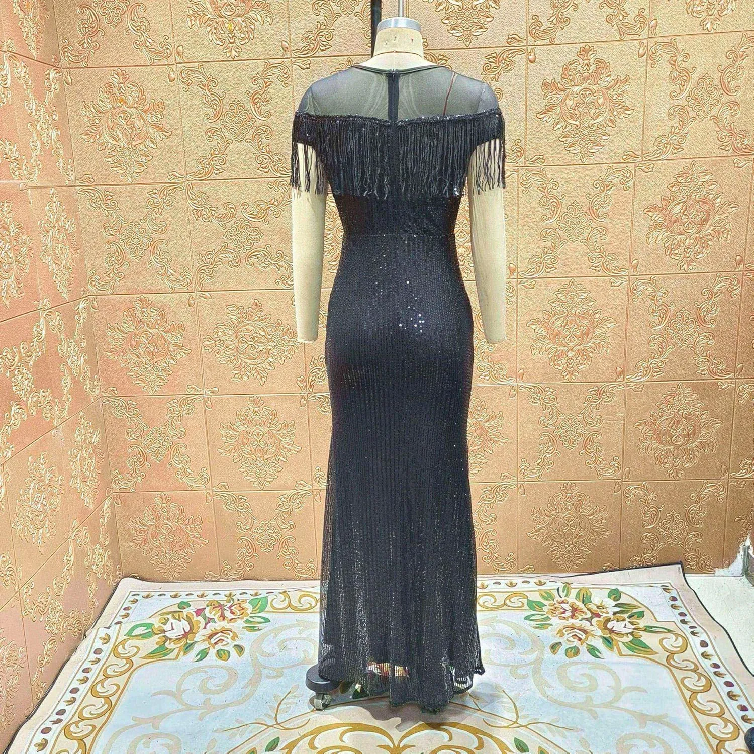 Cololura Sexy Sequin Tassel Mesh Perspective Party Cocktail Bodycon Evening Club Maxi Dress