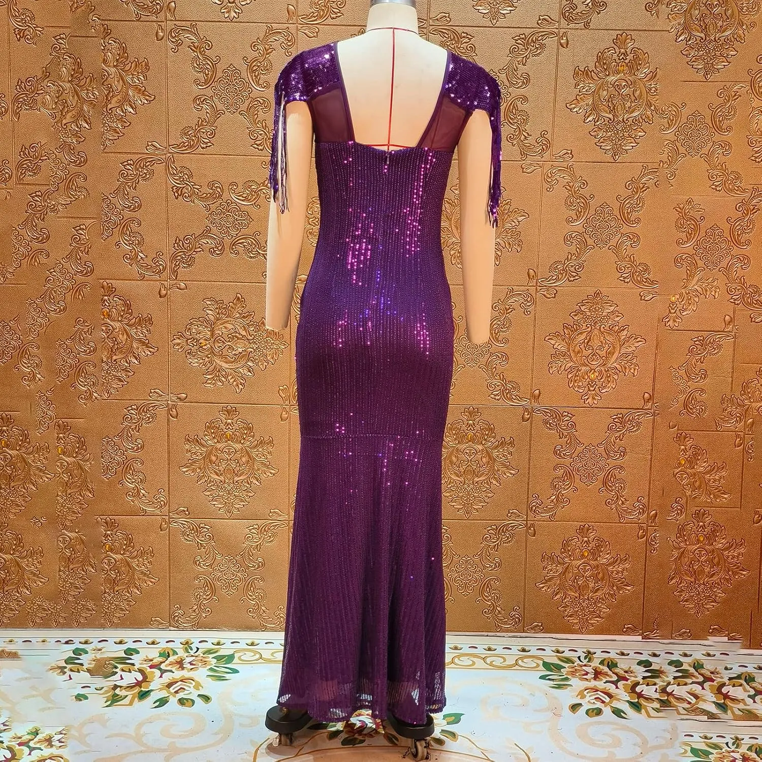 Cololura Sexy Sequin Tassel Mesh Perspective Party Cocktail Bodycon Evening Club Maxi Dress