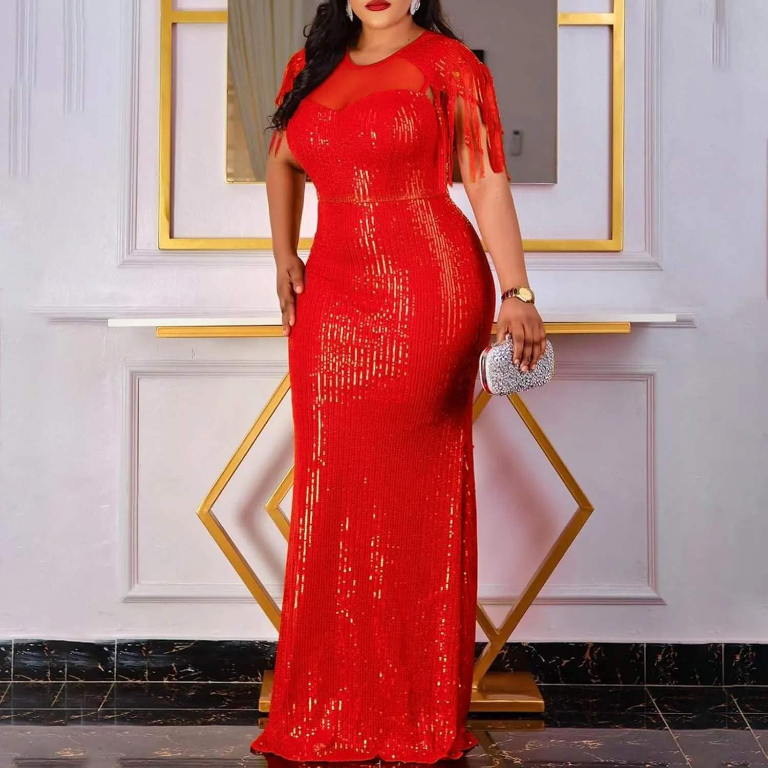 Cololura Sexy Sequin Tassel Mesh Perspective Party Cocktail Bodycon Evening Club Maxi Dress