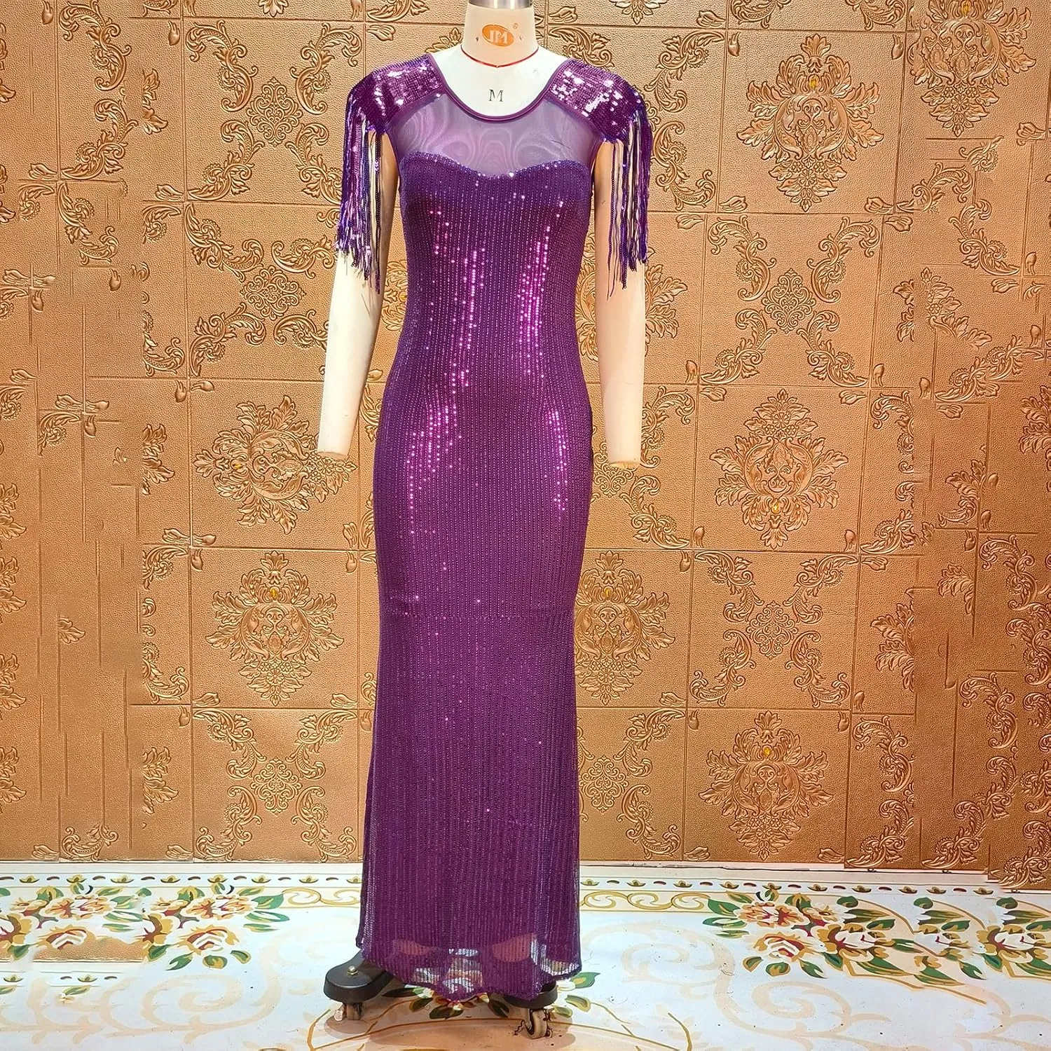 Cololura Sexy Sequin Tassel Mesh Perspective Party Cocktail Bodycon Evening Club Maxi Dress