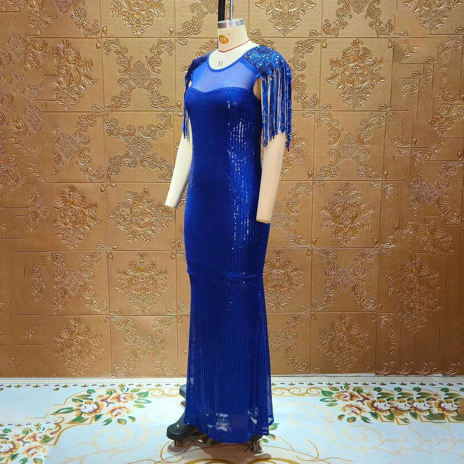 Cololura Sexy Sequin Tassel Mesh Perspective Party Cocktail Bodycon Evening Club Maxi Dress