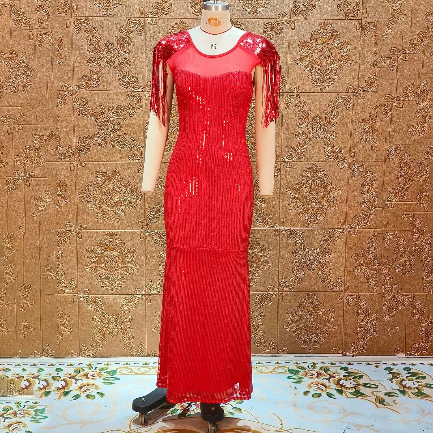Cololura Sexy Sequin Tassel Mesh Perspective Party Cocktail Bodycon Evening Club Maxi Dress