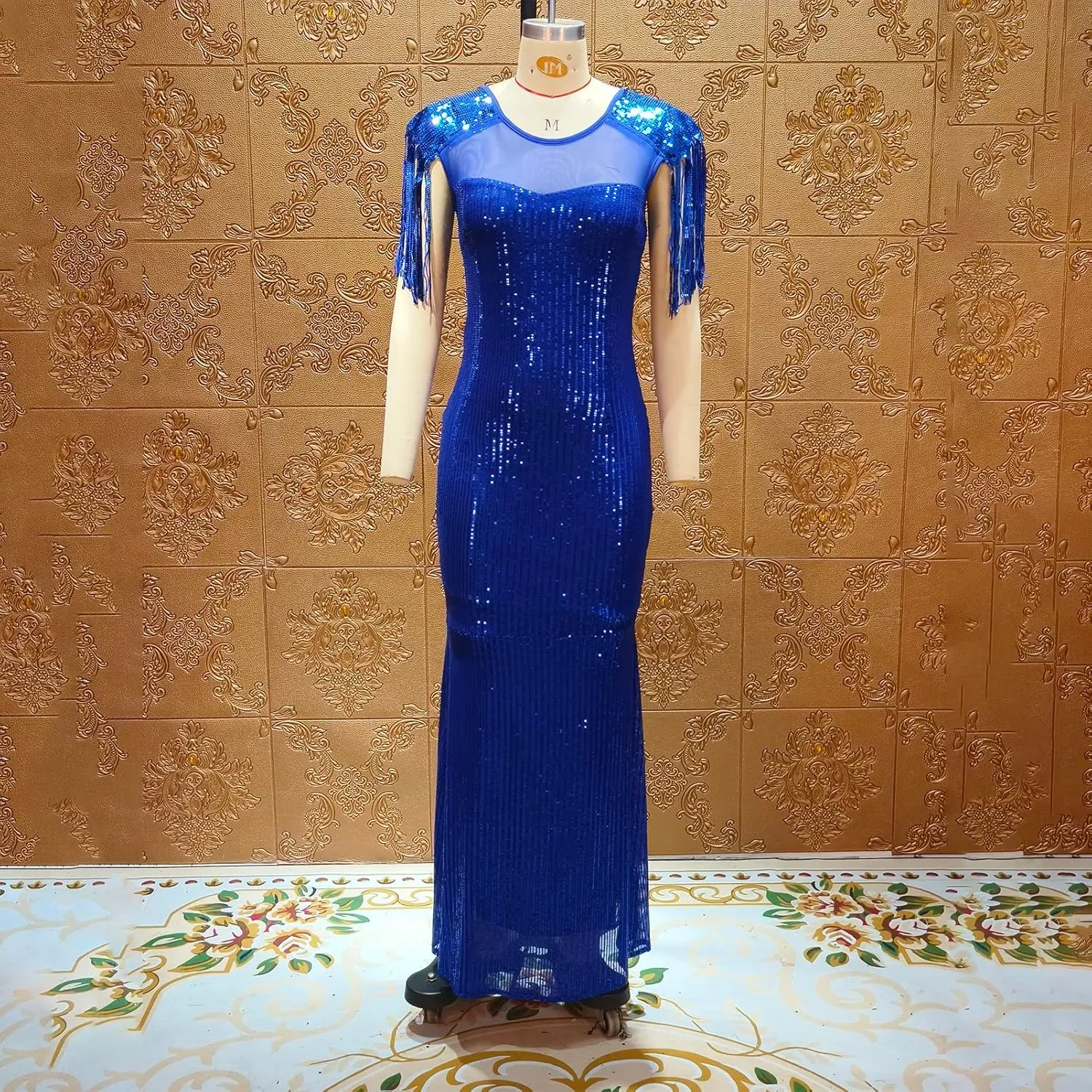 Cololura Sexy Sequin Tassel Mesh Perspective Party Cocktail Bodycon Evening Club Maxi Dress